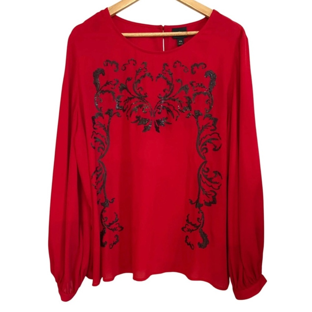 Worthington Red Long Sleeve Top with Black Embroidery